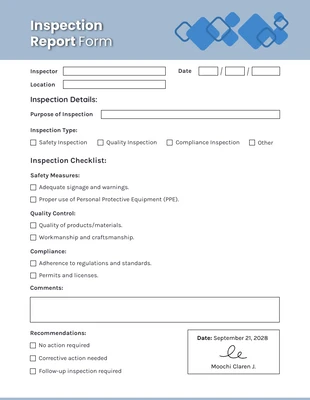 Free  Template: Minimalist Inspection Form Template