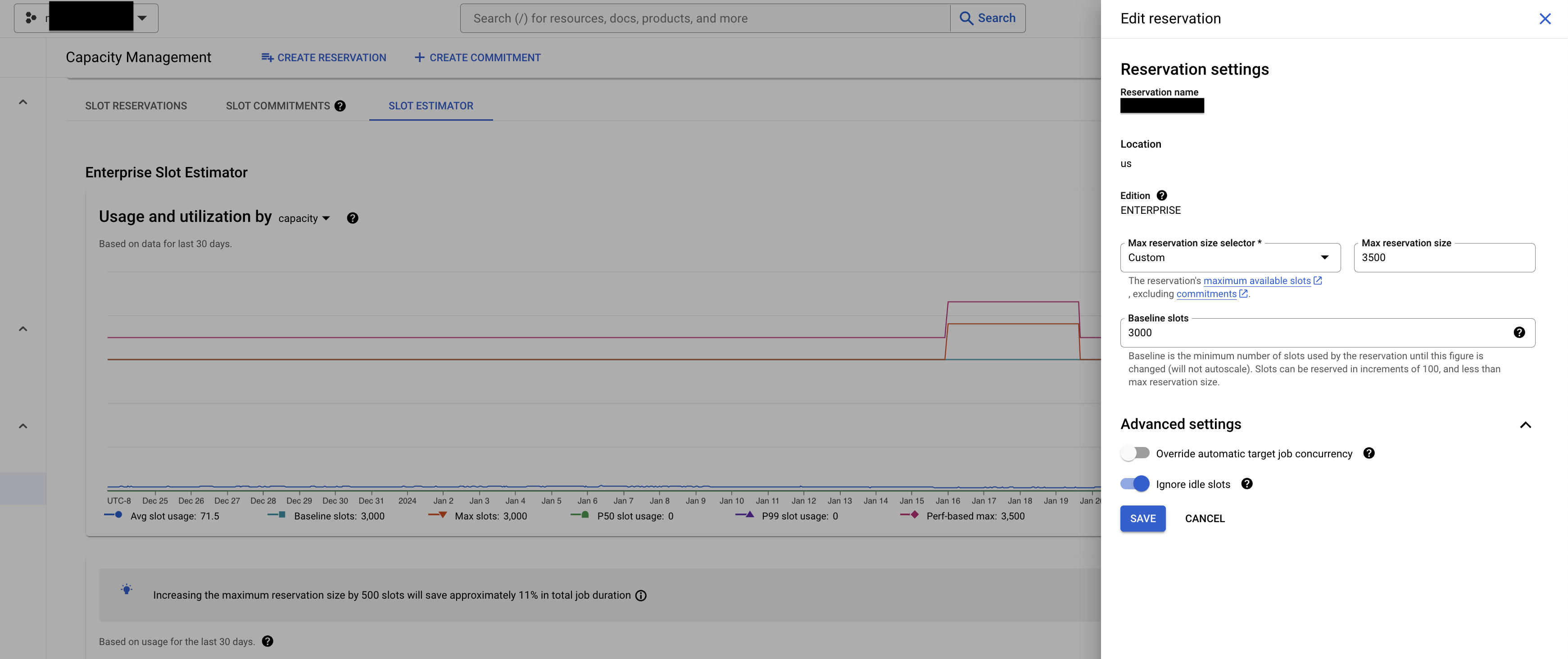 Slot recommender reservation recommendation edit reservation in the
Google Cloud console.