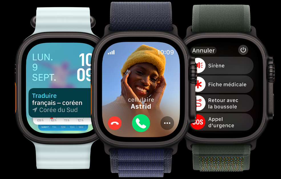 Trois écrans d’Apple Watch Ultra. Le premier affiche l’app Traduire, le deuxième un appel entrant, et le dernier les icônes Sirène, Fiche médicale, Itinéraire de retour et Appel d’urgence.