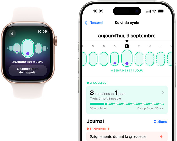 Un écran d’Apple Watch affiche un suivi de grossesse avec le symptôme « Changements de l’appétit ». Un écran d’iPhone affiche le suivi de l’âge gestationnel et de la grossesse dans l’app Suivi de cycle.