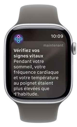 Écran d’Apple Watch affichant une alerte « Vérifiez vos signes vitaux »