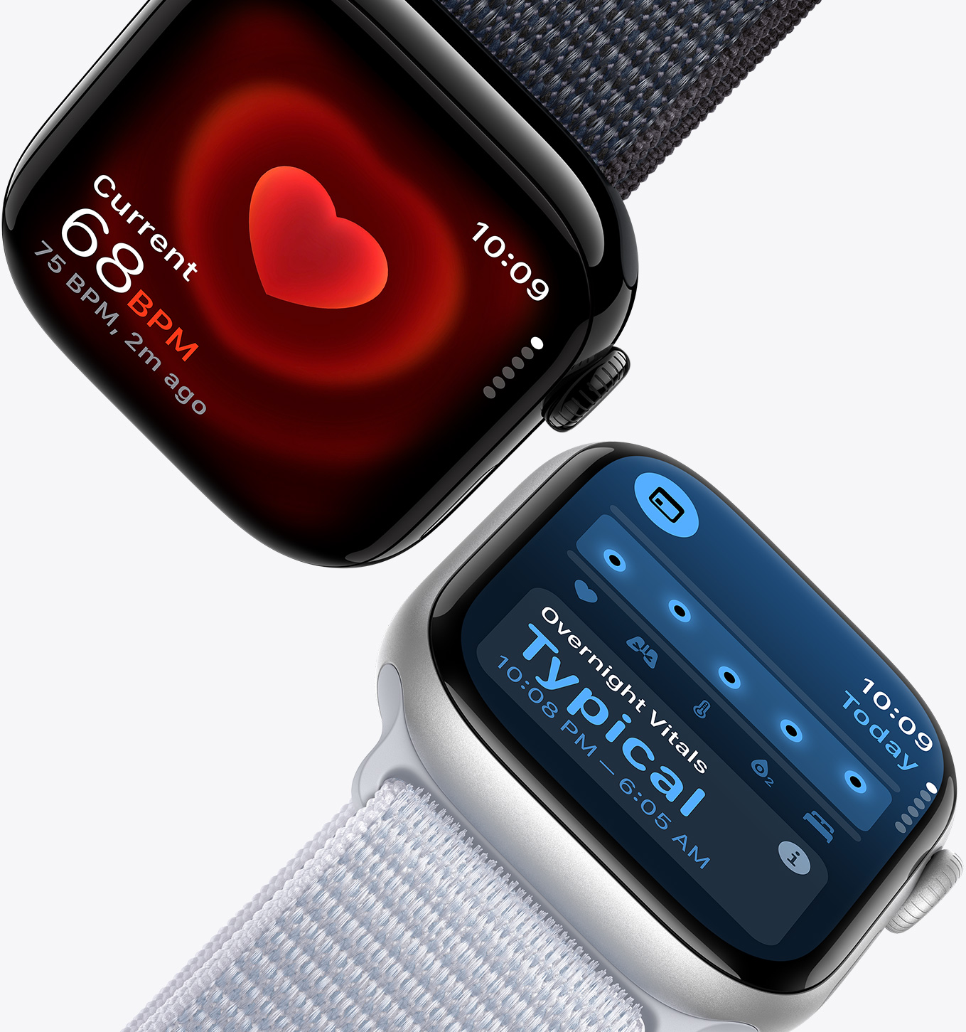 Aplikasi Detak Jantung yang menampilkan angka saat ini sebesar 68 BPM pada Apple Watch Series 10 dan aplikasi Kondisi Vital yang menampilkan tanda vital semalaman yang tipikal pada Apple Watch Series 10.