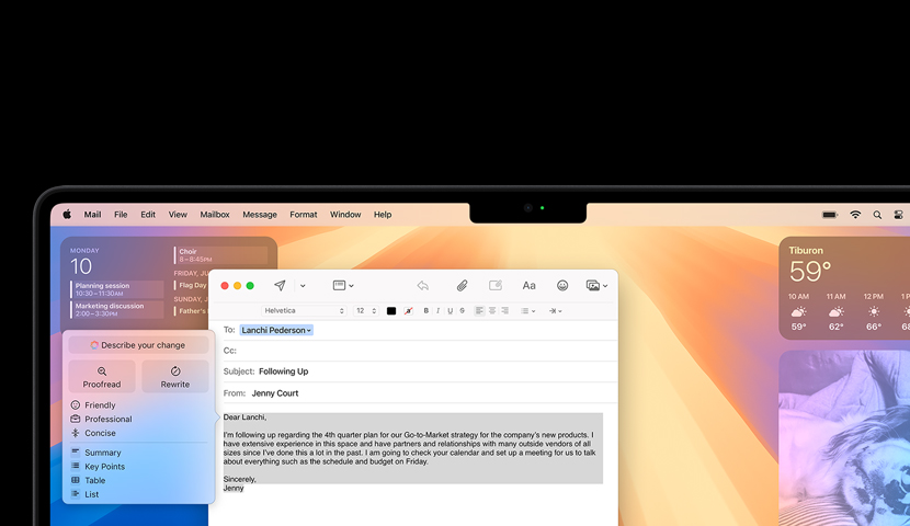 Mac desktop with a business email featuring an Apple Intelligence prompt. Behind the email window is the Calendar widget.