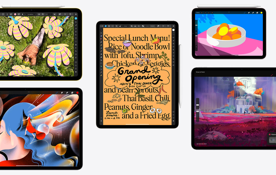 A collection of five different iPads showcasing different apps including Affinity Photo 2, Procreate, Affinity Designer 2 and Procreate Dreams.