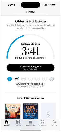 Il display di un iPhone che mostra l’interfaccia “Obiettivi di lettura” nell’app Libri. In alto c’è un anello di avanzamento. Sotto l’anello di avanzamento c’è il tracker settimanale del tempo dedicato alla lettura. In basso c’è la sezione “Libri letti quest’anno”, che include una fila di due libri, con uno spazio vuoto per un terzo