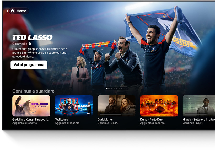 Un televisore a schermo piatto che mostra la schermata iniziale dell’app Apple TV