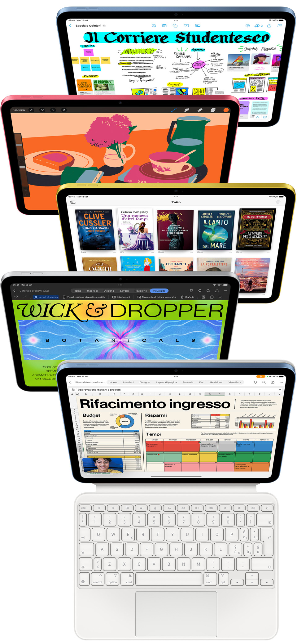 Schermate di iPad che mostrano varie app di Apple e dell’App Store