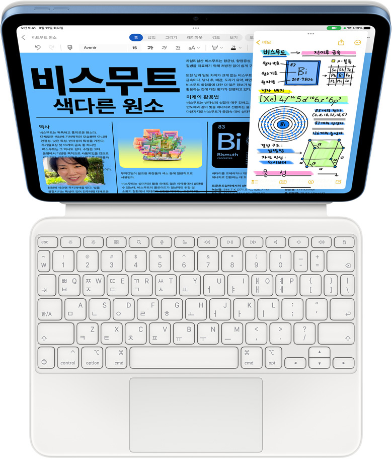 iPad에 Microsoft Word, 메모 및 FaceTime 썸네일이 Slide Over로 열려 있는 모습