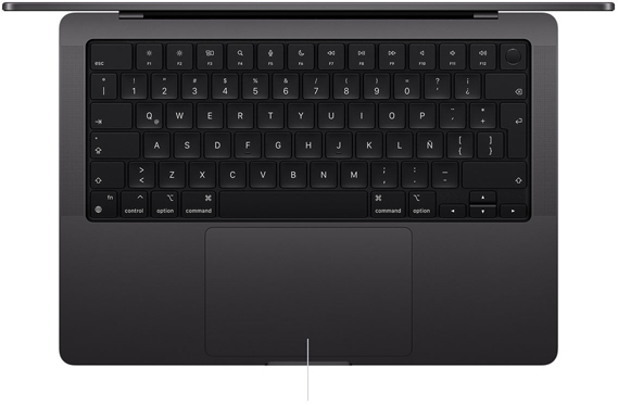 Vista desde arriba de una MacBook Pro de 14 pulgadas que muestra el trackpad Force Touch debajo del teclado