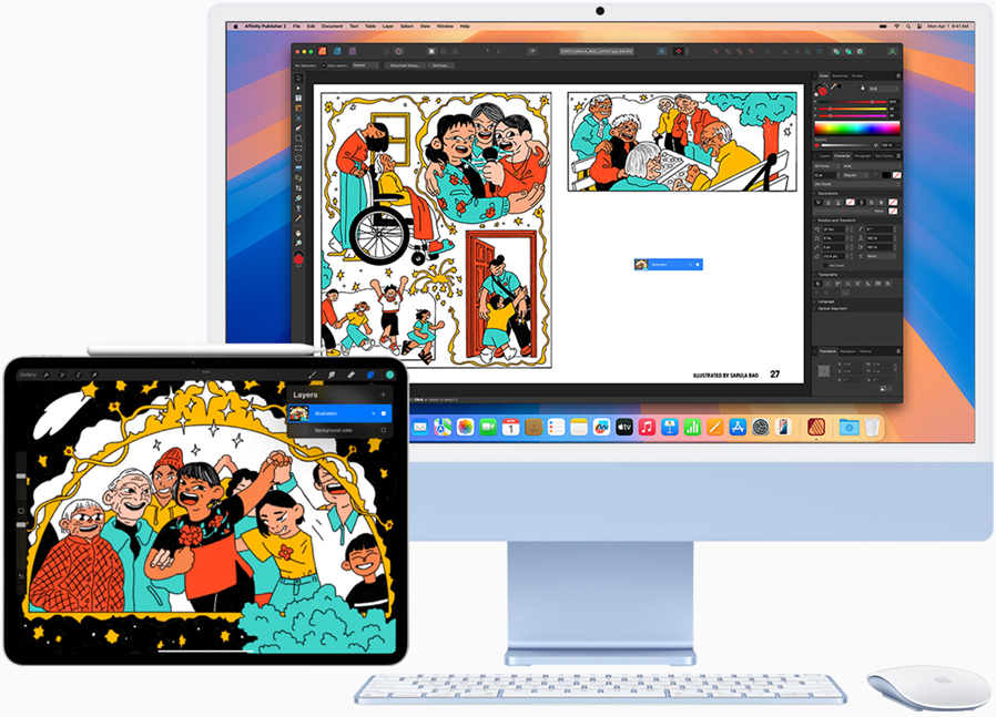 An iPad next to an iMac, showing the continuation of a sketch from one screen to the other