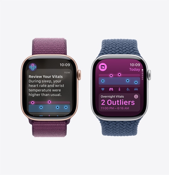 A review your vitals notification on an Apple Watch Series 10 and the Vitals app showing overnight vitals with two outliers on an Apple Watch Series 10.