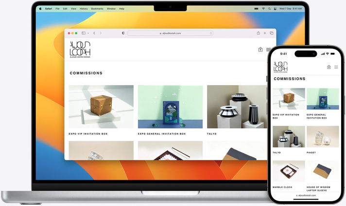 Macbook and iPhone screens of the same Safari page open on both devices