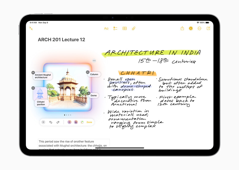 iPad Pro 11 zeigt einen Bildkreation Bildschirm mit schriftlichen Notizen zur Architektur in Indien und einem begleitenden Bild eines Pavillons.