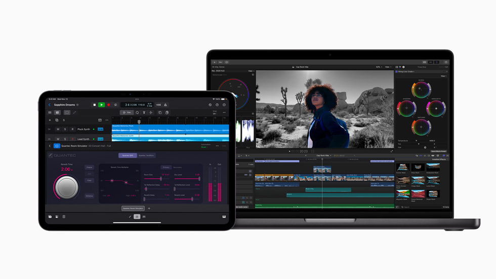 Final Cut Pro für iPad 2.1 auf einem iPad Pro und Final Cut Pro 11 auf einem MacBook Pro.