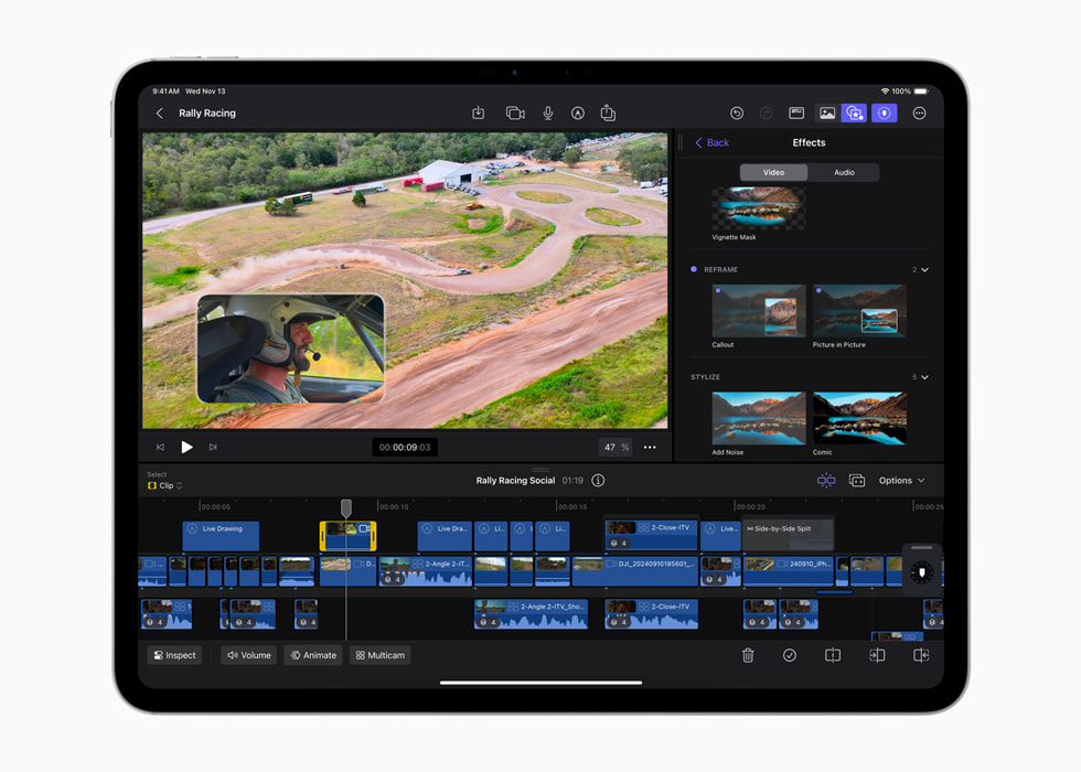 Die neue Inhaltsmediathek in Final Cut Pro für iPad 2.1 auf einem iPad Pro.
