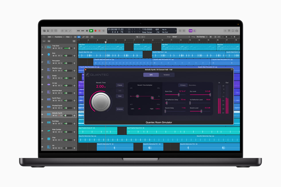 Das Quantec Room Simulator Plug-in in Logic Pro für Mac 11.1 auf einem MacBook Pro.
