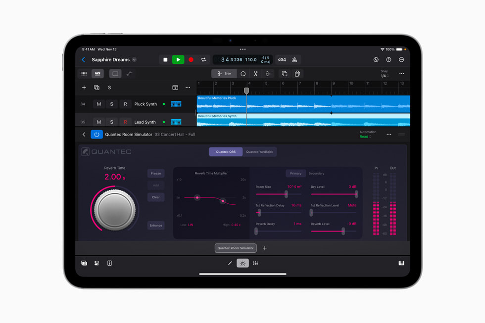 Das Quantec Room Simulator Plug-in in Logic Pro für iPad 2.1 auf einem iPad Pro.
