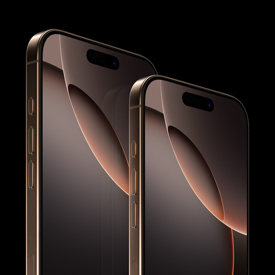 iPhone 16 Pro Max de 6,9 inchi și iPhone 16 Pro de 6,3 inchi, exterior frontal, buton Acțiune, butoane volum, Dynamic Island centrat lângă partea superioară