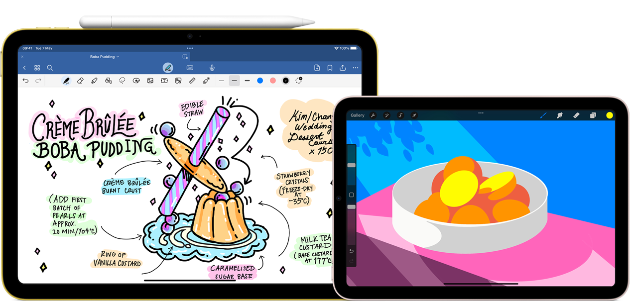 On left, iPad 10th generation, landscape orientation, displaying a graphic with notes and a drawing with Apple Pencil USB-C attached at the top. On right, iPad mini, landscape orientation, showing a colourful illustration made with ProCreate.