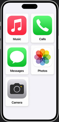 Écran d’accueil d’iPhone simplifié affichant les apps Musique, Appels, Photos et Appareil photo