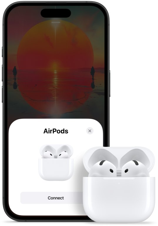 Avatud kaanega karp, sees AirPods 4 kõrvaklapid, iPhone'i kõrval, millel kuvatakse, et AirPods 4 on ühendatud.