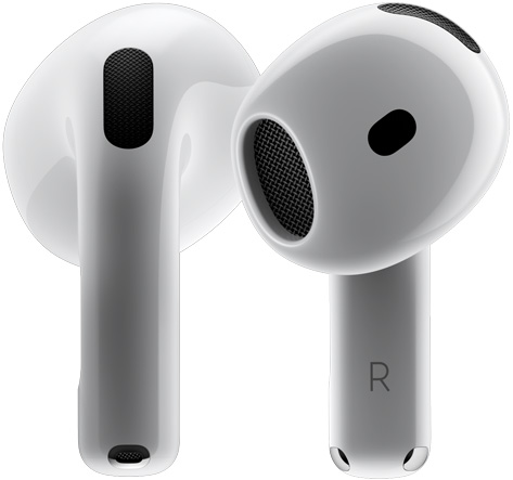 Kaks AirPods 4 kõrvaklappi üksteise ümber keerlemas ja erinevate nurkade all peatumas.