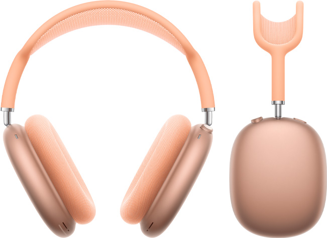 Des AirPods Max en Orange vus de face et de côté