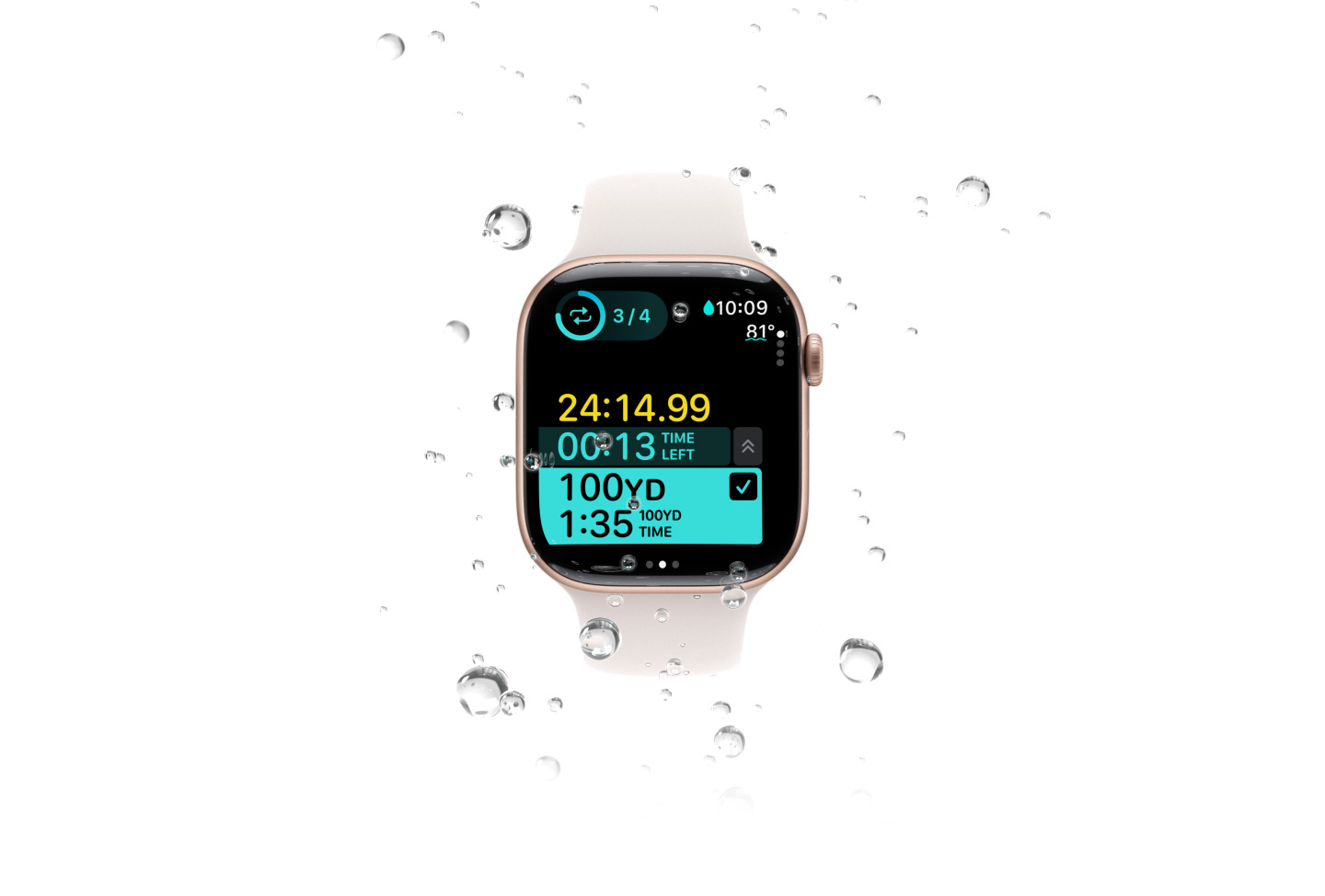 Ein Schwimmtraining mit Messwerten wie Wassertemperatur auf einer Apple Watch Series 10, umgeben von Wassertropfen.