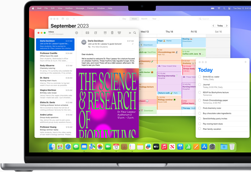 Mail, Calendar, and Reminders shown on a MacBook Air