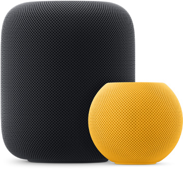 Un HomePod mini giallo a destra, davanti a un HomePod color mezzanotte.