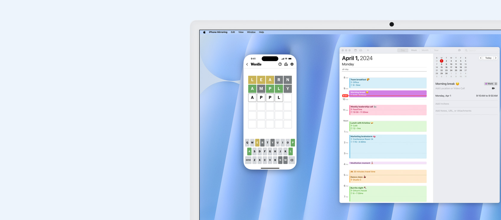 iPhone Mirroring feature demonstration. iPhone screen displaying Wordle game mirrored and controlled on iMac, with the Calendar app alongside it