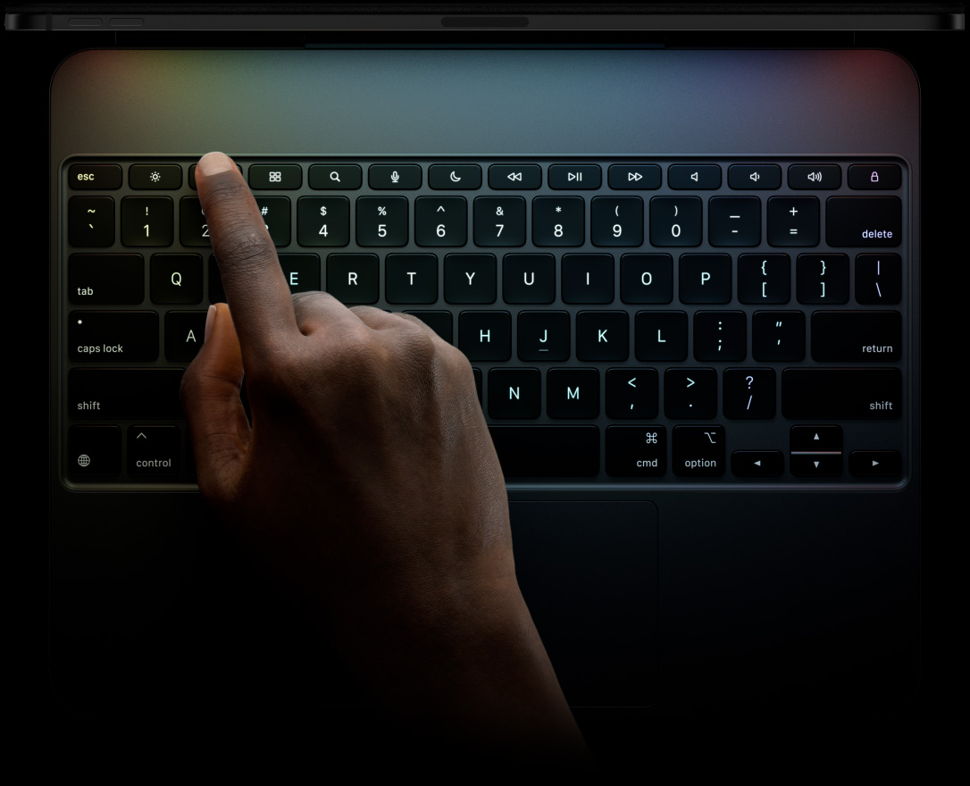 Magic Keyboard für iPad Pro, Schwarz, Reihe mit Funktionstasten, Pfeiltasten in umgekehrter T‑Anordnung, integriertes Trackpad, Querformat