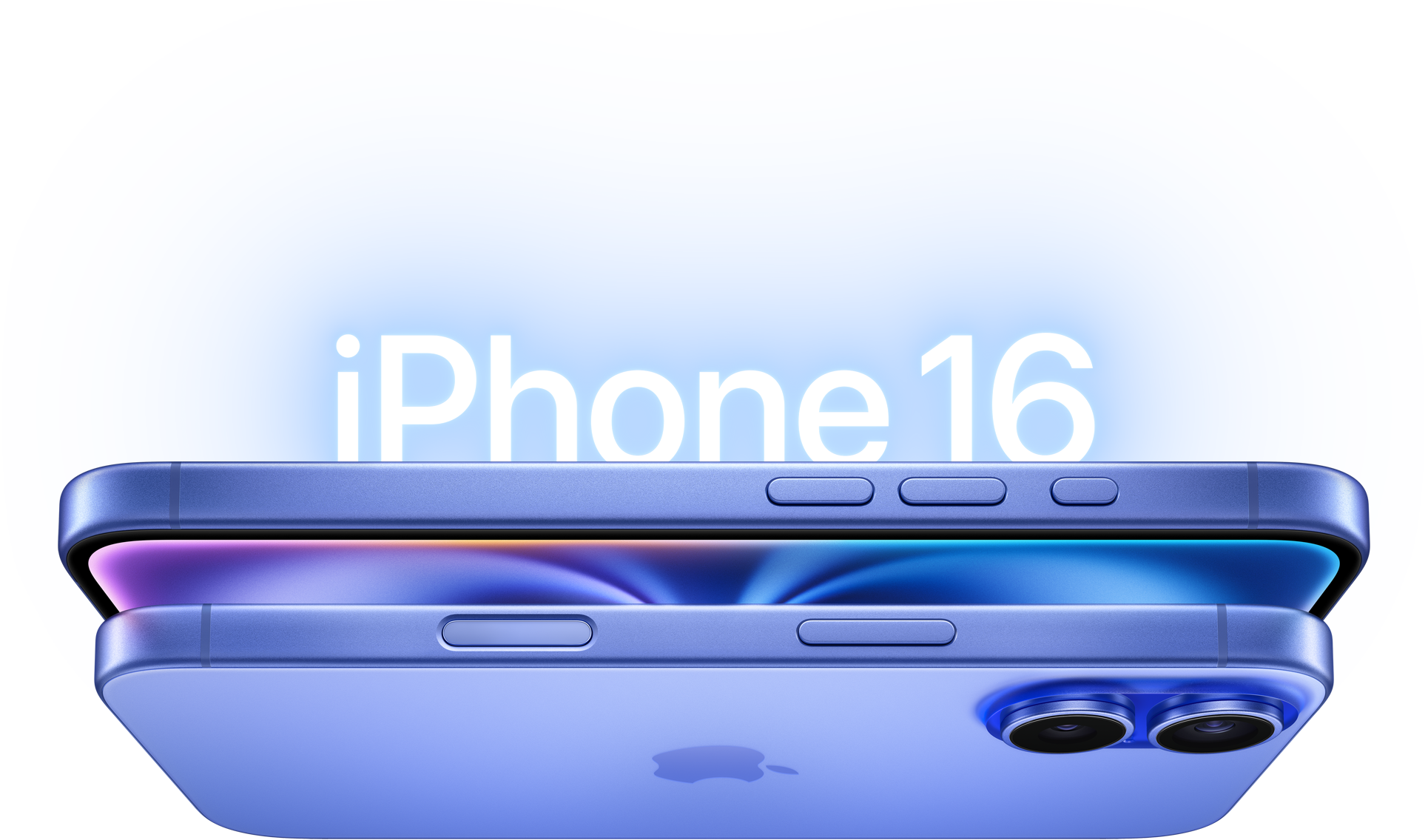 Two iPhone 16 models in Ultramarine, side exterior, side button, raised dual camera system.