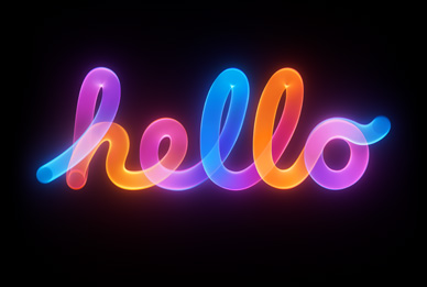 Multicoloured, glowing bubble letters spelling “hello”