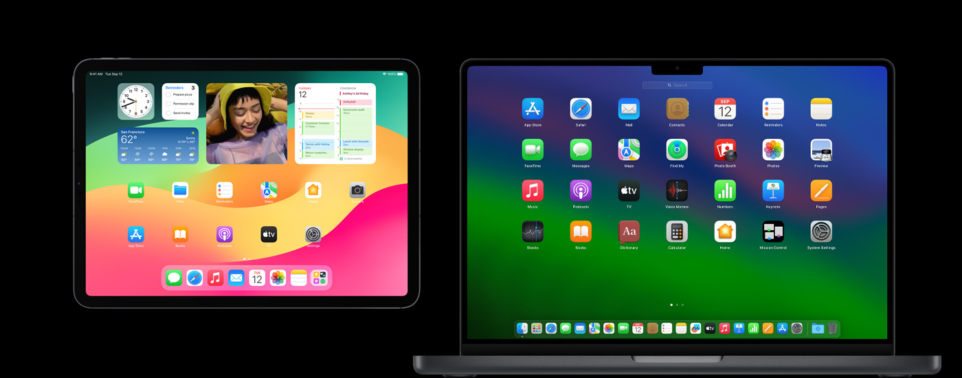 Hình ảnh iPad và máy Mac hiển thị nhiều biểu tượng ứng dụng khác nhau. Hình ảnh iPad hiển thị một số tiện ích, bao gồm Lịch, Thời tiết và Ảnh.