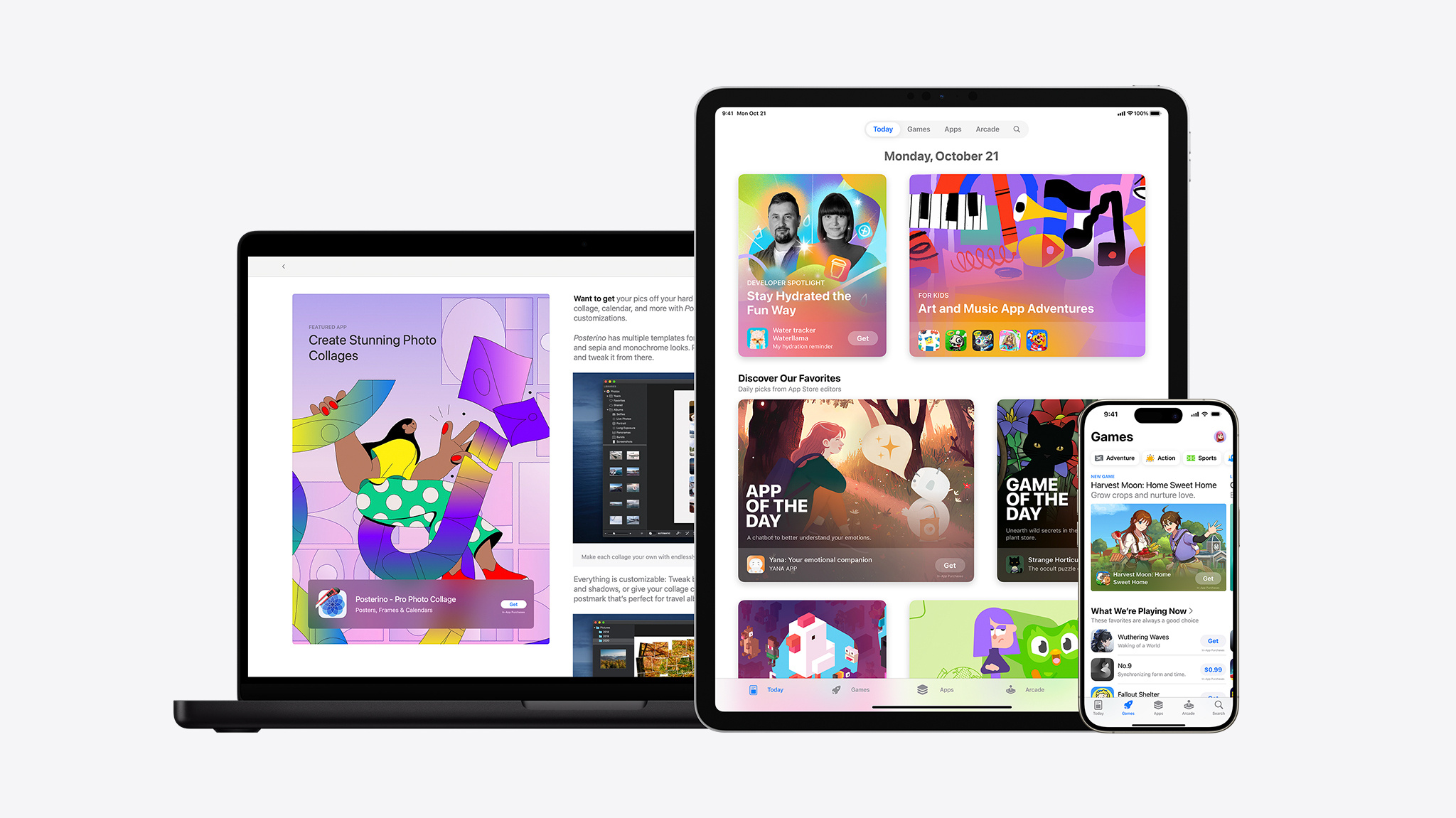 A collage of App Store screens on MacBook, iPad, and iPhone.