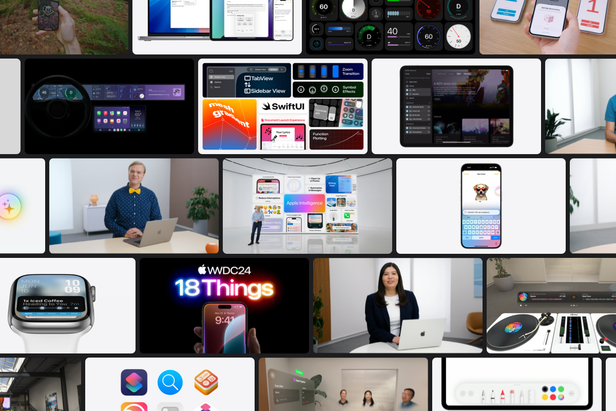 A collage of screens from various WWDC24 videos, showing a selection of screenshots, devices, and icons that represent the year in sessions.