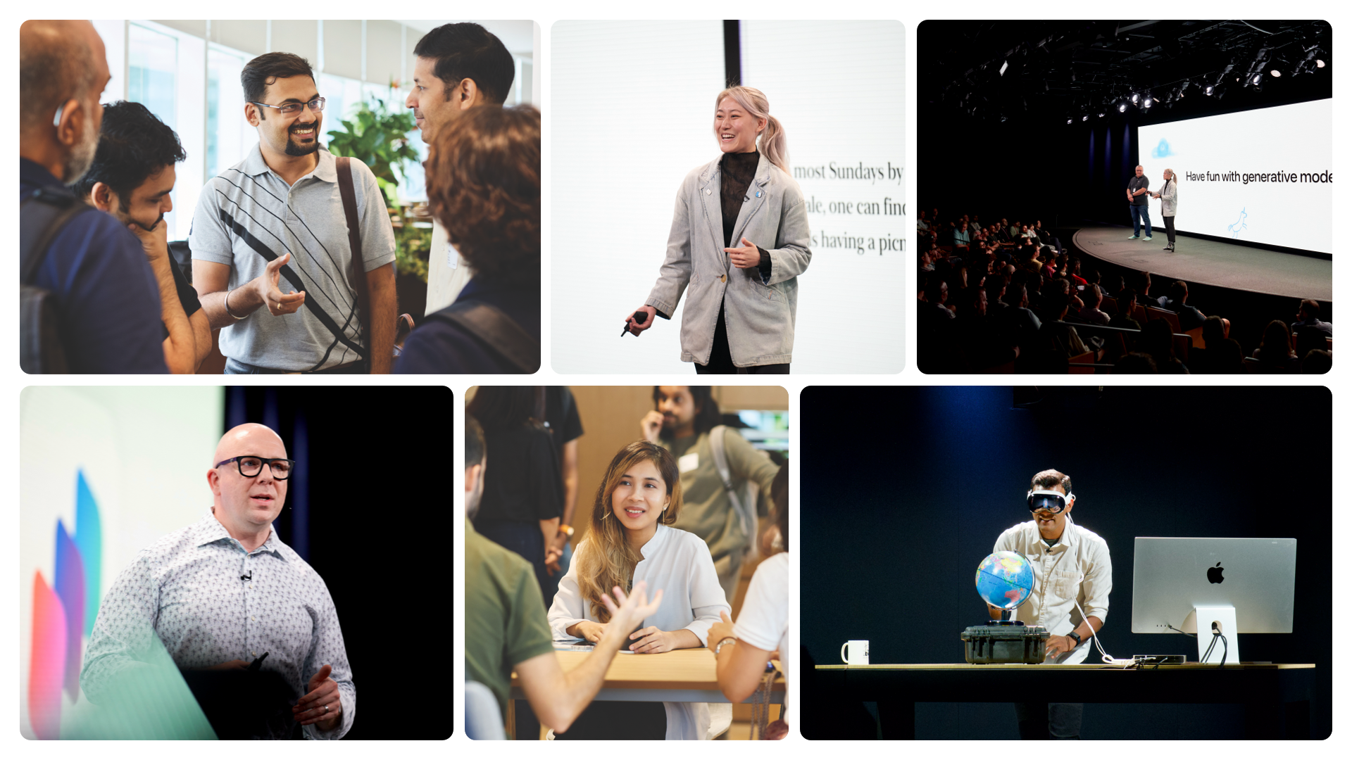 A collage of screenshots from Apple developer activities all over the world, including images of people on stage, people conversing in a busy room, and a man onstage wearing an Apple Vision Pro.