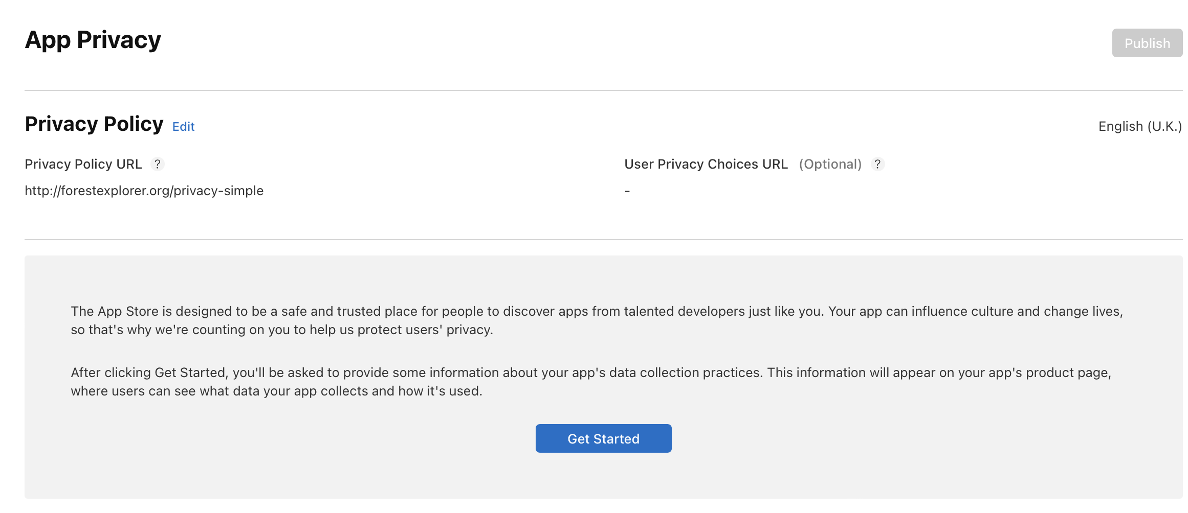 The Privacy Policy section on the App Privacy page has a "Get Started" button.