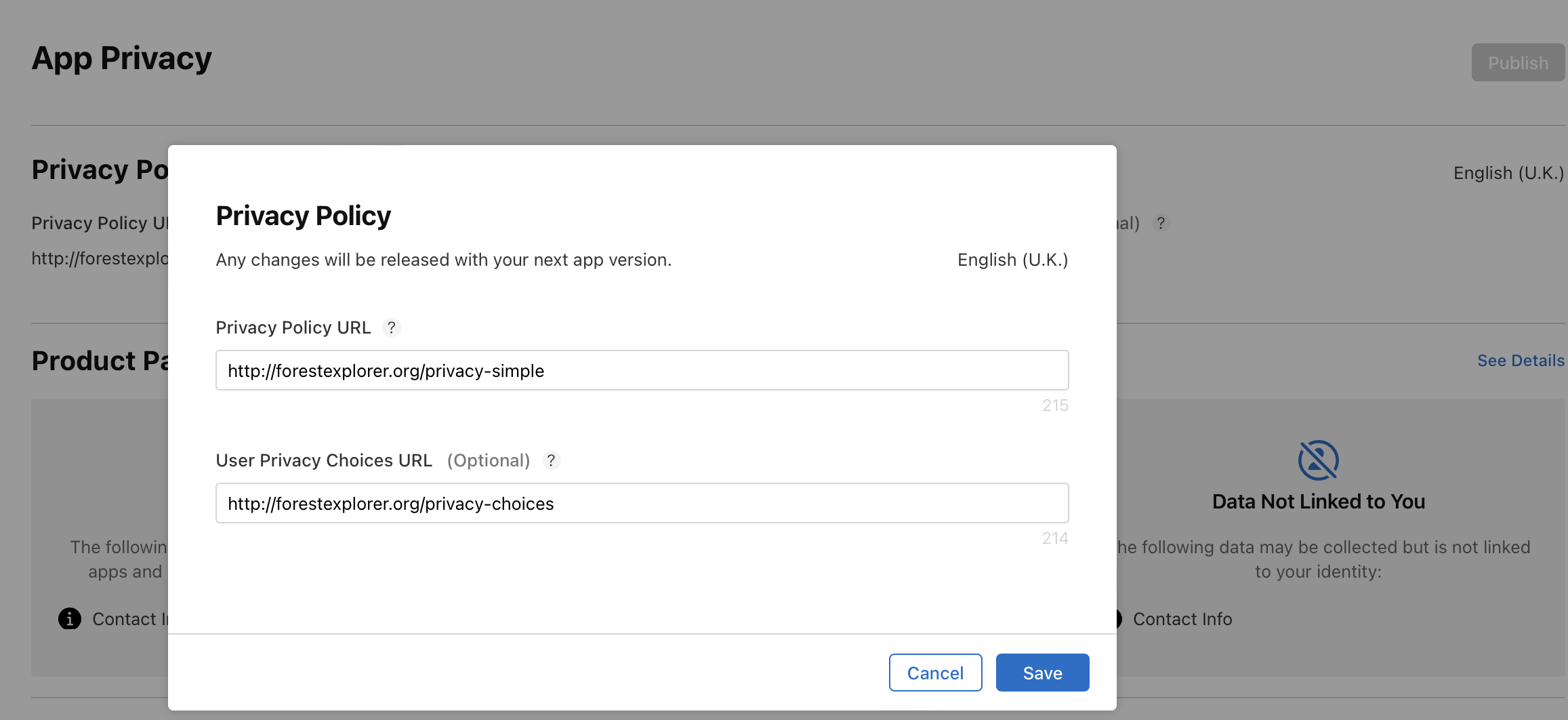 The Privacy Policy dialog on the App Privacy page provides a fields for entering the privacy policy URL and the user privacy choices URL. The "Cancel" and "Save" buttons are located at the bottom-right.