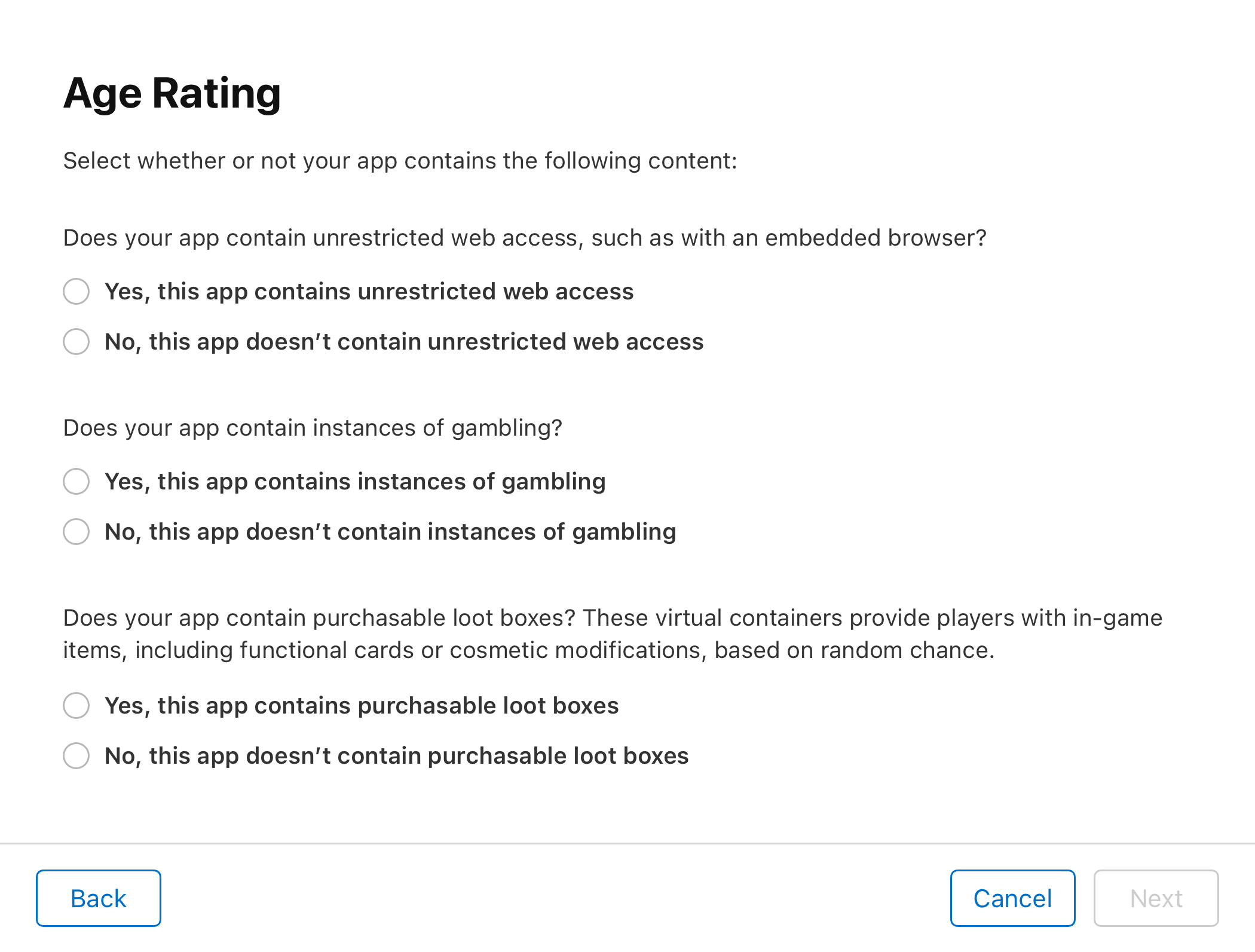 The Age Rating dialogue lists questions on whether or not your app contains unrestricted web access, instances of gambling, or loot boxes available for purchase. The "Back" button is located at the bottom left, while the "Cancel" and "Next" buttons are at the bottom right.