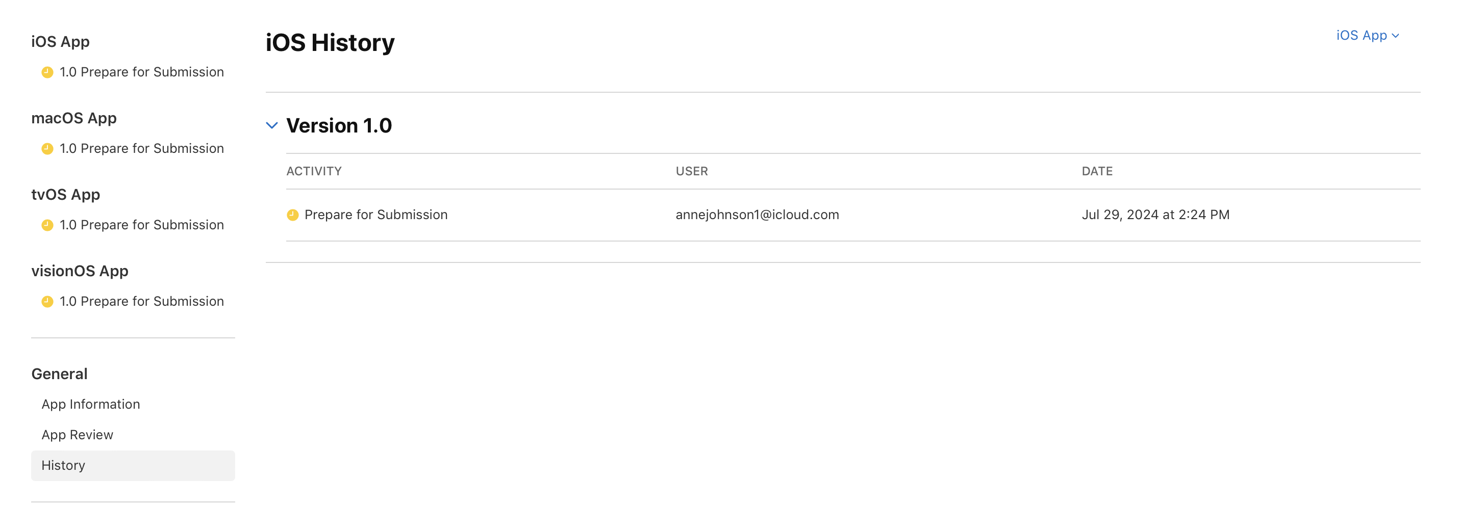 On the “iOS History” page, within the “Version 1.0” disclosure, the app status “Prepare for Submission” is listed. The User column lists who originated the status change, and the Date column lists when the change was made.