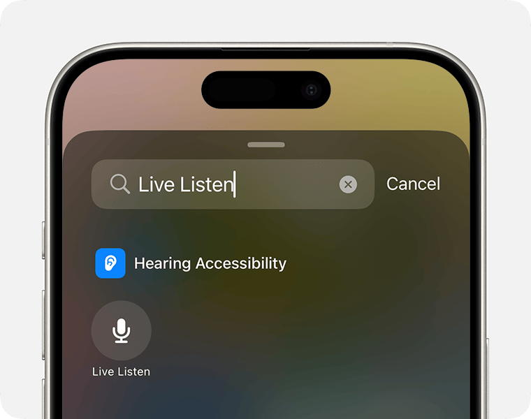 Searching for 'Live Listen' in Control Center on iPhone.