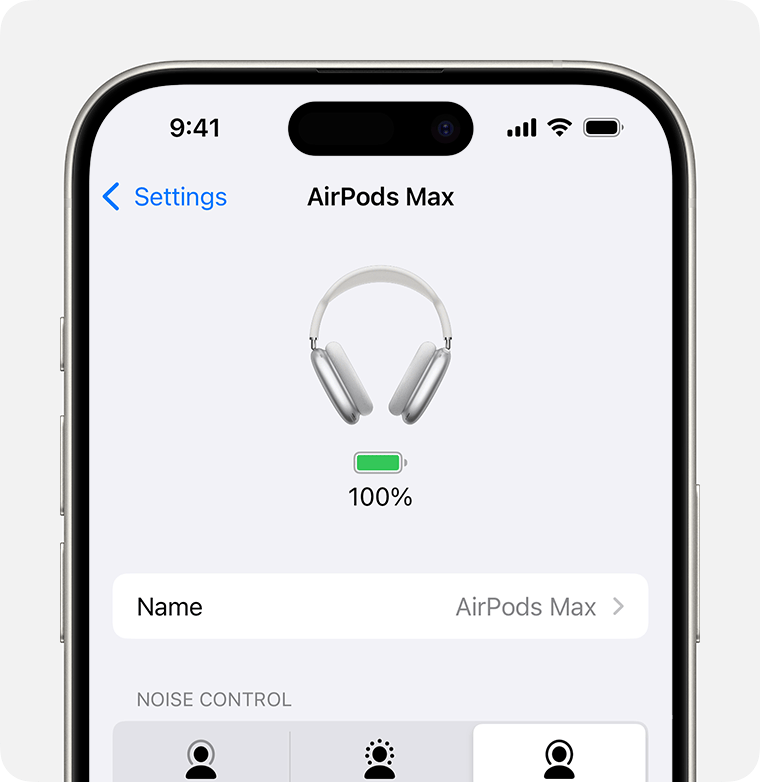 AirPods Max battery level in the Settings app on iPhone.