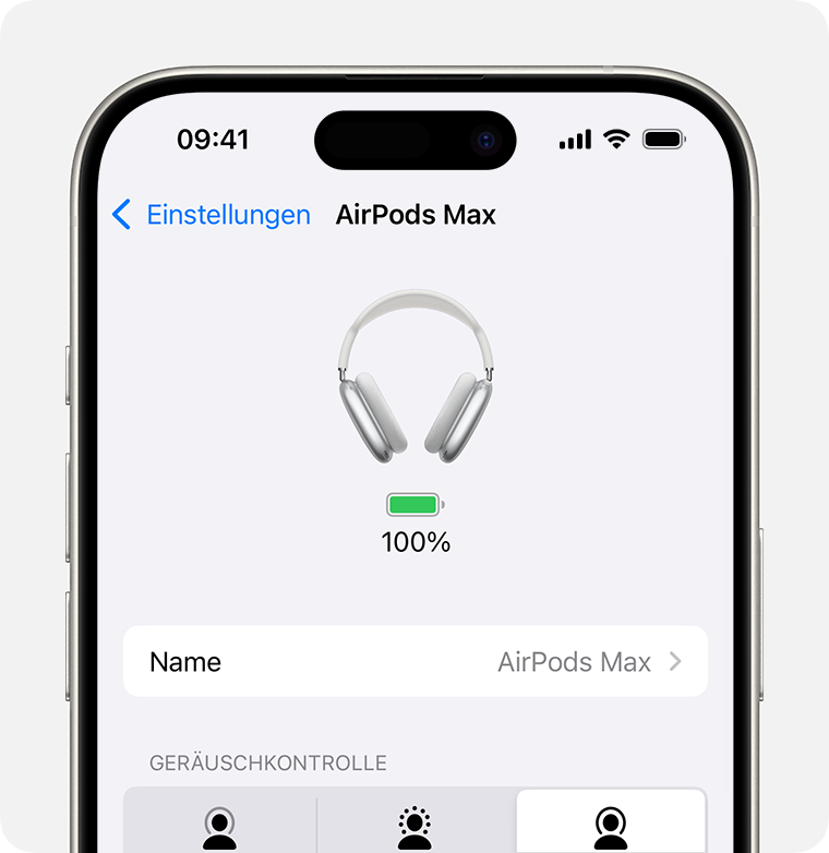 Der Batterieladestatus der AirPods Max in der Einstellungen-App auf dem iPhone.