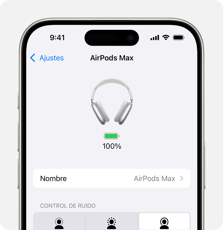 Nivel de batería de los AirPods Max en la app Ajustes del iPhone.