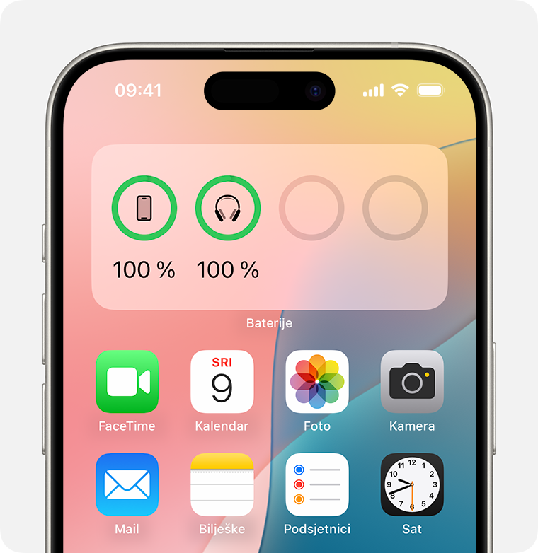 Widget za baterije na početnom zaslonu iPhone uređaja.