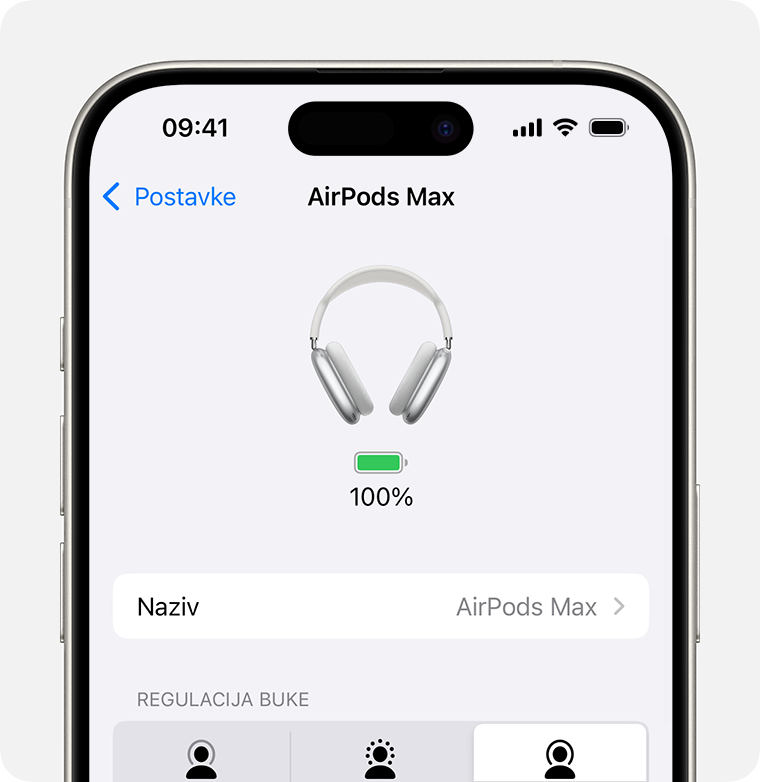 Razina napunjenosti baterije AirPods Max slušalica u aplikaciji Postavke na iPhone uređaju.