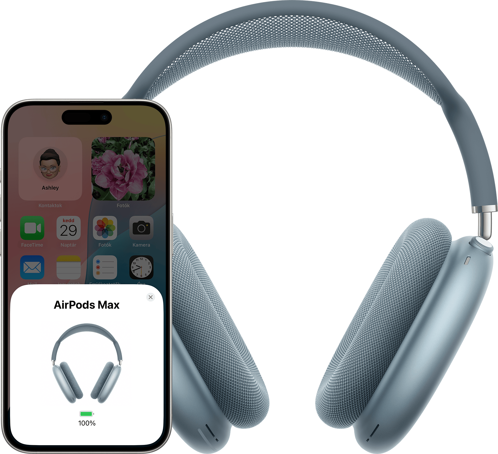 iPhone 15 Próhoz csatlakoztatott AirPods Max.