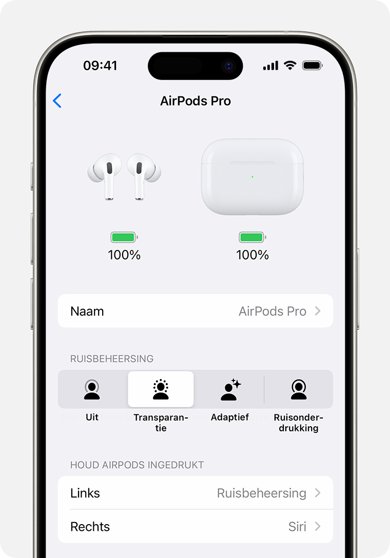 AirPods Pro-instellingen op een iPhone. Het gedeelte 'Houd AirPods ingedrukt' staat onder de lijst met ruisbeheersingsmodi.